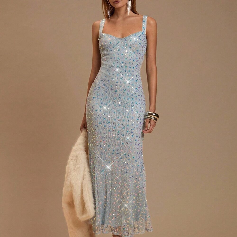 Baby Blue Sleeveless Women's Mermaid Sequins Party Dress